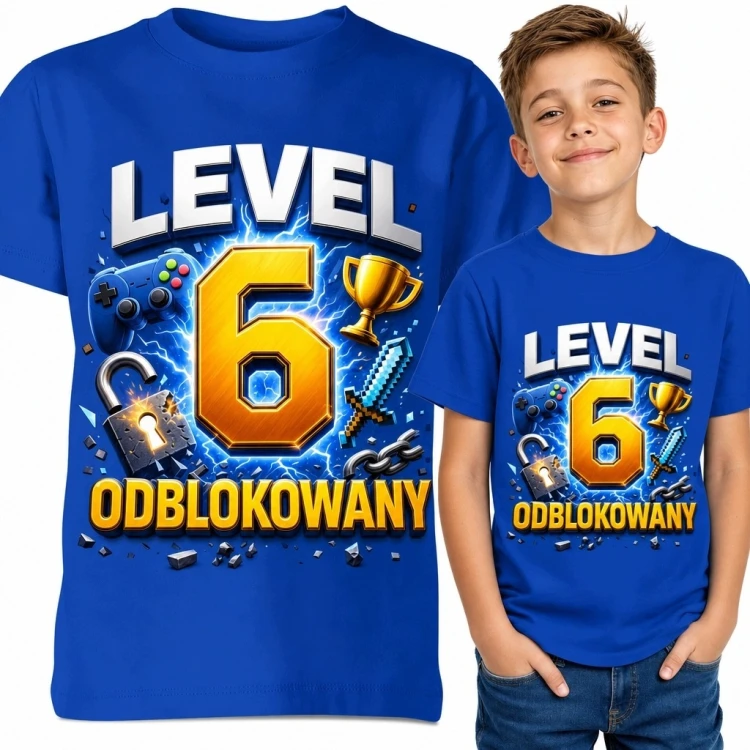Koszulka chłopięca na 6 urodziny z napisem „Level 6 odblokowany” - gamingowy motyw