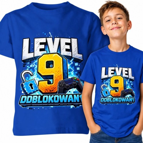 Koszulka chłopięca na 9 urodziny z gamingowym nadrukiem „Level 9 odblokowany”