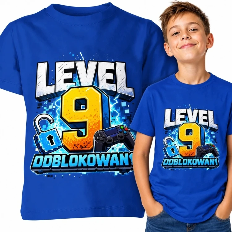 Koszulka chłopięca na 9 urodziny z gamingowym nadrukiem „Level 9 odblokowany”
