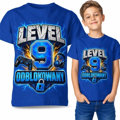 Koszulka chłopięca gamingowa „Level 9 odblokowany” na 9 urodziny