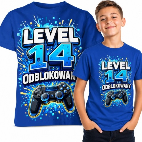 Koszulka chłopięca dla gracza na 14 urodziny „Level 14 odblokowany” - kontroler gamingowy