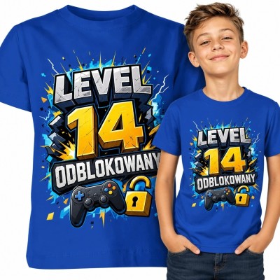 Koszulka chłopięca na 14 urodziny „Level 14 odblokowany” - kontroler do gier