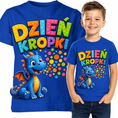 Koszulka chłopięca „Dzień Kropki” - niebieski smok i kolorowe kropki