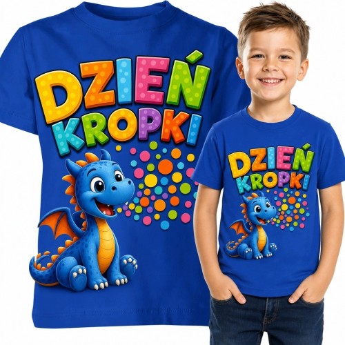 Koszulka chłopięca „Dzień Kropki” - niebieski smok i kolorowe kropki