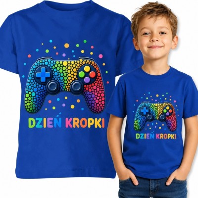 Koszulka chłopięca z gamingowym motywem „Dzień Kropki” - tęczowy kontroler