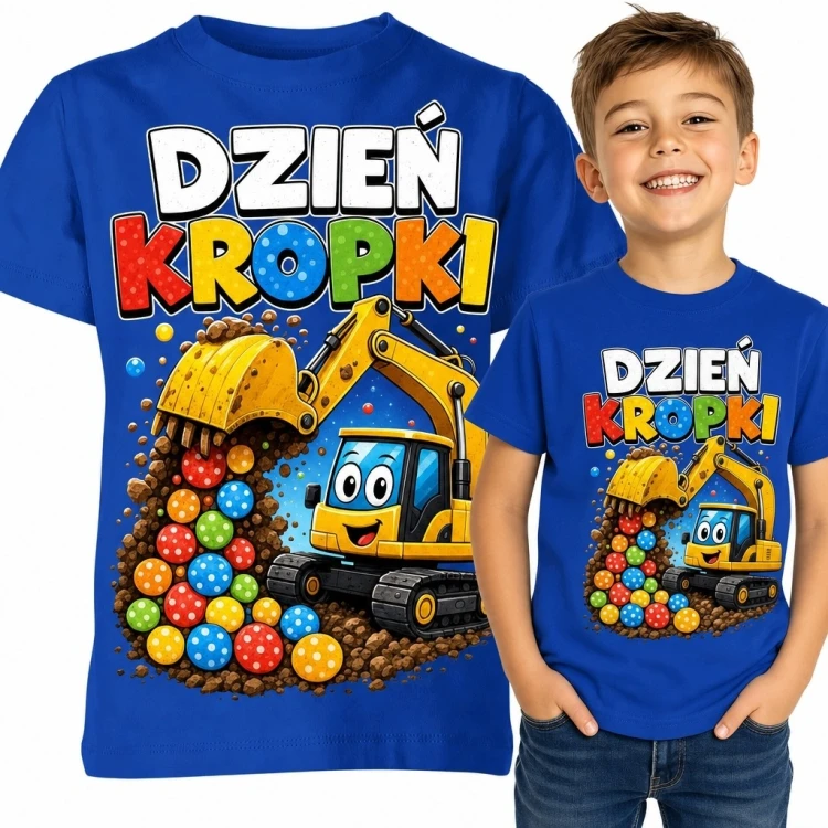 Koszulka chłopięca „Dzień Kropki” - wesoła koparka z kolorowymi piłkami