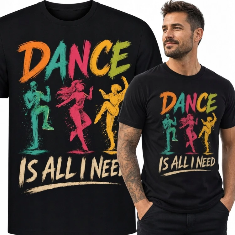 Koszulka męska z motywem tańca „Dance Is All I Need” - kolorowe sylwetki