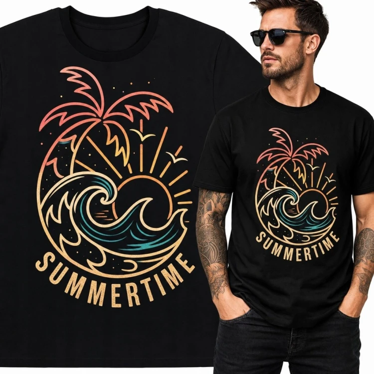Koszulka męska z tropikalnym nadrukiem „Summertime” - palma, fale i zachód słońca