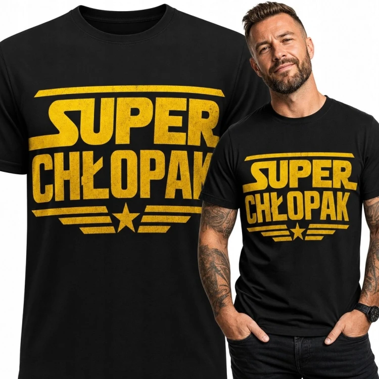 Koszulka męska z napisem „Super Chłopak” - żółty nadruk retro