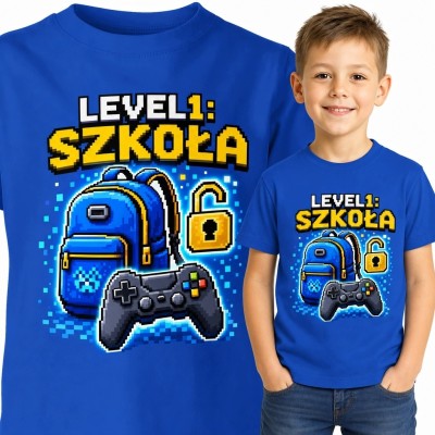 Koszulka chłopięca gamingowa „Level 1: Szkoła” - pikselowy motyw szkolny