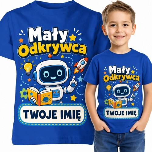 Koszulka chłopięca „Mały Odkrywca” z robotem-astronautą i personalizowanym imieniem