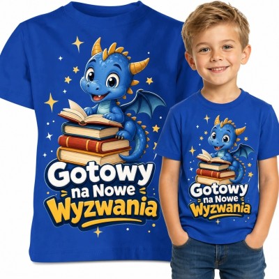 Koszulka chłopięca ze smokiem czytającym książkę „Gotowy na nowe wyzwania”