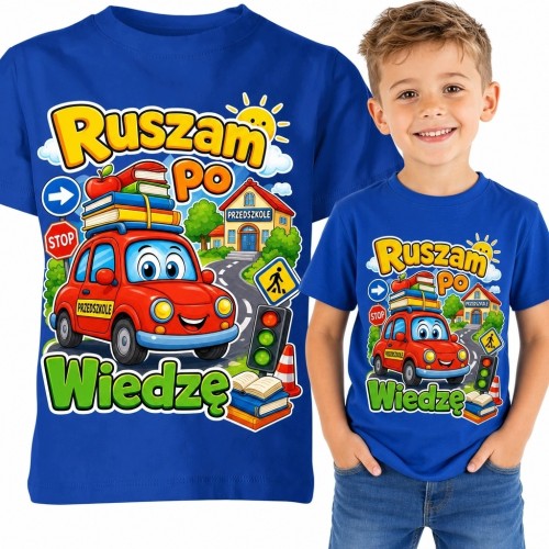 Koszulka chłopięca z czerwonym samochodem „Ruszam po wiedzę” - do przedszkola