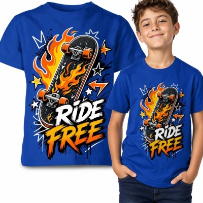 Koszulka chłopięca z płonącą deskorolką „Ride Free” - skateboardowy motyw