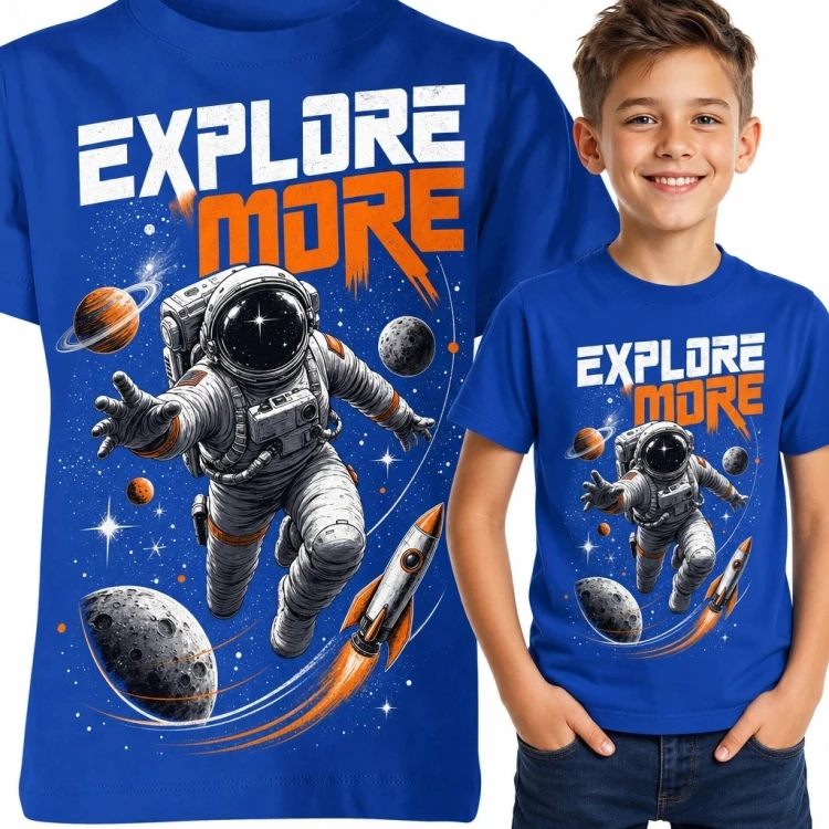 Koszulka chłopięca z astronautą i rakietą „Explore More” - kosmiczna przygoda