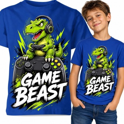Koszulka chłopięca z T-rexem graczem „Game Beast” - gaming i dinozaury