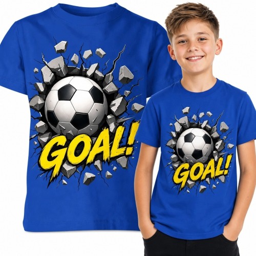 Koszulka chłopięca z piłką nożną i napisem „Goal!” - piłka przebijająca mur