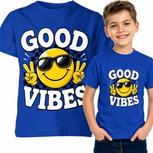 Koszulka chłopięca „Good Vibes” z buźką w okularach - niebieska