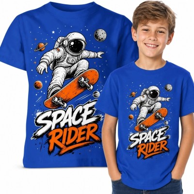 Koszulka chłopięca „Space Rider” z astronautą na deskorolce - kosmiczny nadruk