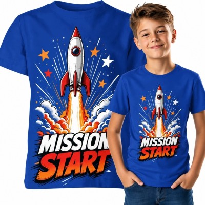 Koszulka chłopięca z rakietą „Mission Start” - kosmiczny nadruk