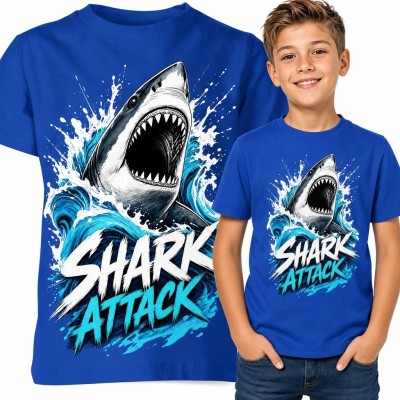 Koszulka chłopięca z rekinem i napisem „Shark Attack” - morska akcja