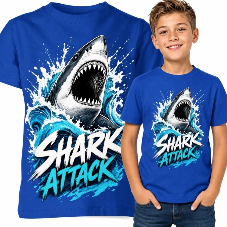 Koszulka chłopięca z rekinem i napisem „Shark Attack” - morska akcja