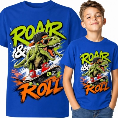 Koszulka chłopięca z T-rexem na deskorolce „Roar &amp; Roll” - dinozaur w stylu skate