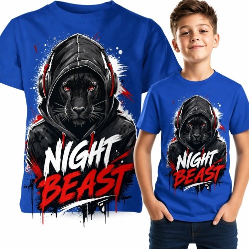 Koszulka chłopięca z panterą w słuchawkach „Night Beast” - streetwearowy nadruk