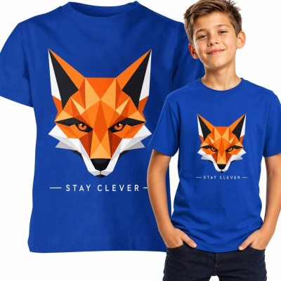 Koszulka chłopięca z geometrycznym lisem „Stay Clever” - niebieska