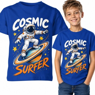 Koszulka chłopięca „Cosmic Surfer” z astronautą na desce - kosmiczny motyw