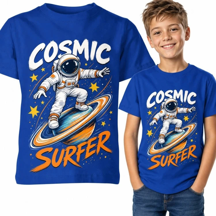 Koszulka chłopięca „Cosmic Surfer” z astronautą na desce - kosmiczny motyw