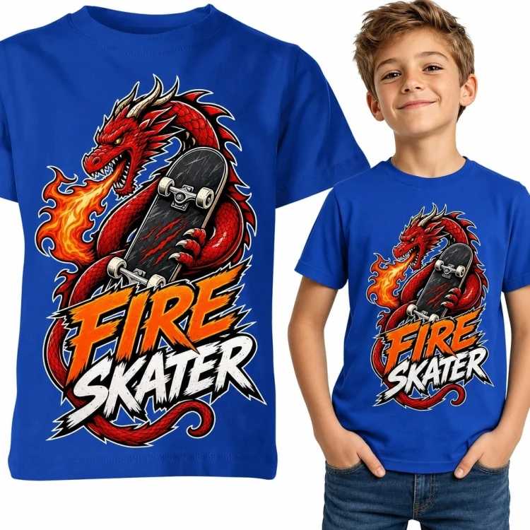 Koszulka chłopięca ze smokiem i deskorolką „Fire Skater”