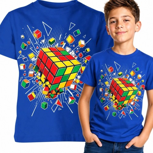 Koszulka chłopięca z kolorową kostką logiczną 3×3 - geometryczny wzór
