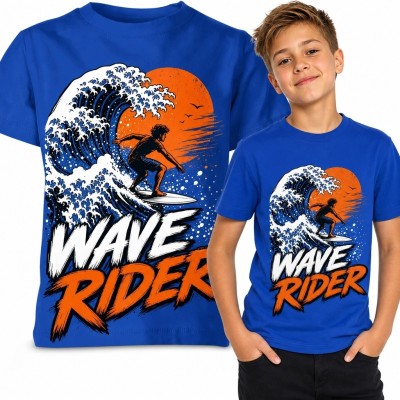 Koszulka chłopięca z surferem na fali „Wave Rider” - motyw surfingu