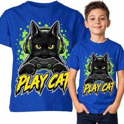 Koszulka chłopięca z kotem-graczem „Play Cat” - gamingowy wzór