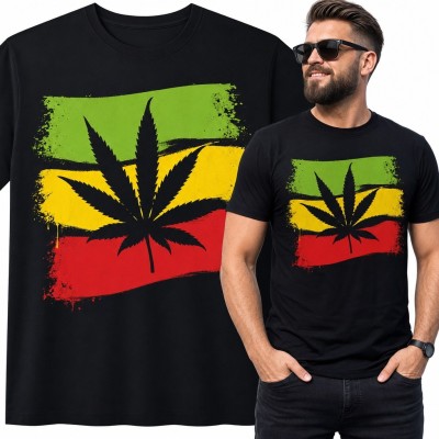 Koszulka męska z liściem konopi w kolorach Rasta - streetwearowy wzór