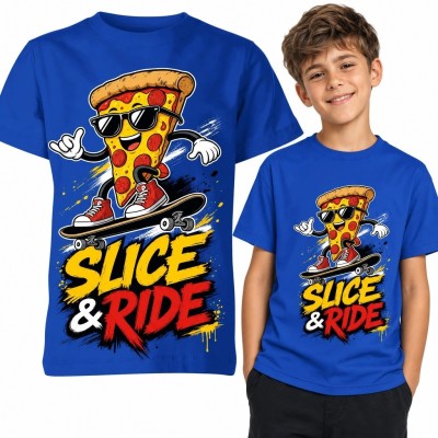 Koszulka chłopięca z pizzą na deskorolce „Slice &amp; Ride” - streetwearowy nadruk