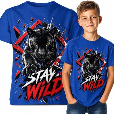 Koszulka chłopięca z czarną panterą „Stay Wild” - dynamiczny wzór