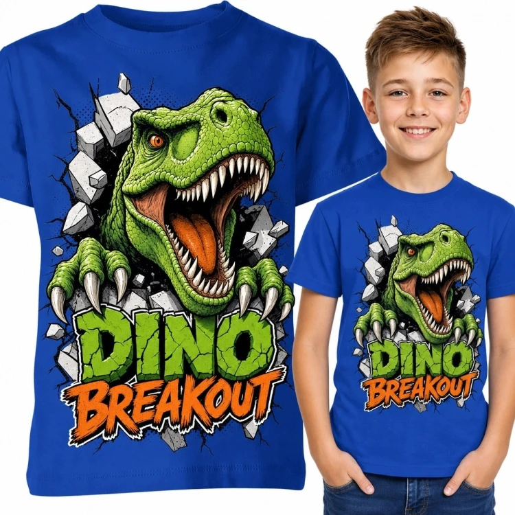 Koszulka chłopięca z tyranozaurem i napisem „Dino Breakout” - komiksowy motyw