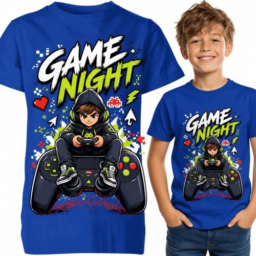 Koszulka chłopięca gamingowa z graczem i kontrolerem „Game Night”