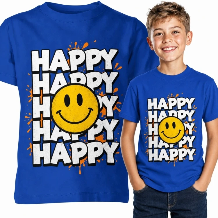 Koszulka chłopięca z napisem „Happy” i żółtą buźką - radosny wzór