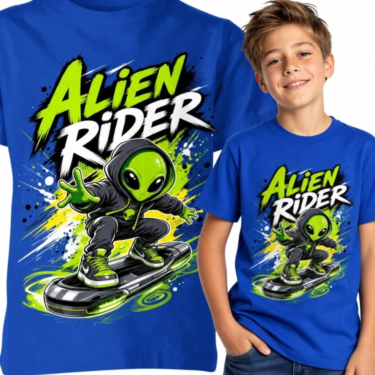 Koszulka chłopięca z kosmitą na futurystycznej desce „Alien Rider” - kosmiczny streetwear