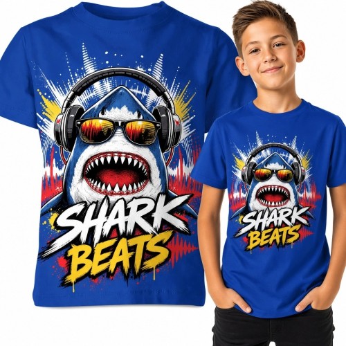 Koszulka chłopięca z muzycznym rekinem „Shark Beats” - dynamiczny nadruk