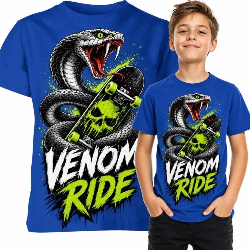 Koszulka chłopięca z kobrą i deskorolką „Venom Ride” - styl skate