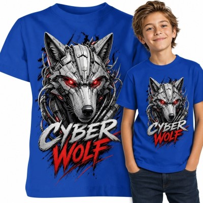 Koszulka chłopięca z cybernetycznym wilkiem „Cyber Wolf” - futurystyczny nadruk