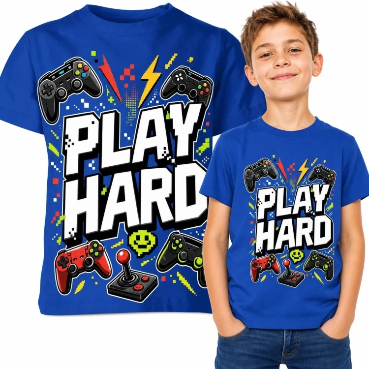 Koszulka chłopięca gamingowa „Play Hard” - pady i joystick