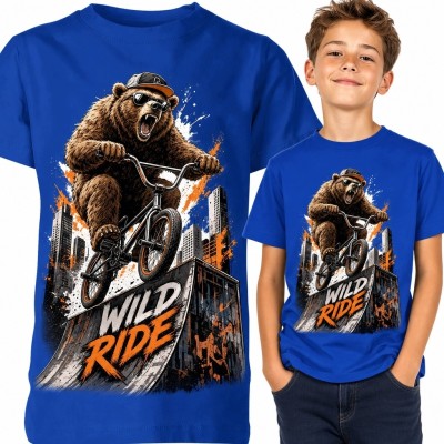 Koszulka chłopięca z niedźwiedziem na BMX-ie „Wild Ride” - miejski wzór