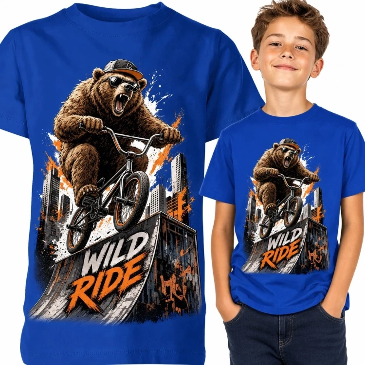 Koszulka chłopięca z niedźwiedziem na BMX-ie „Wild Ride” - miejski wzór