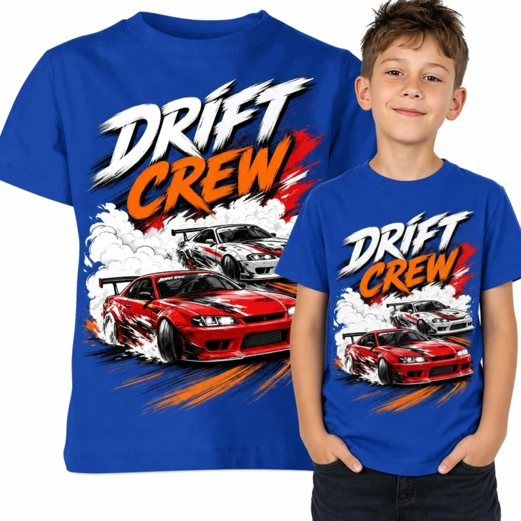 Koszulka chłopięca z autami driftowymi „Drift Crew” - motoryzacyjny nadruk