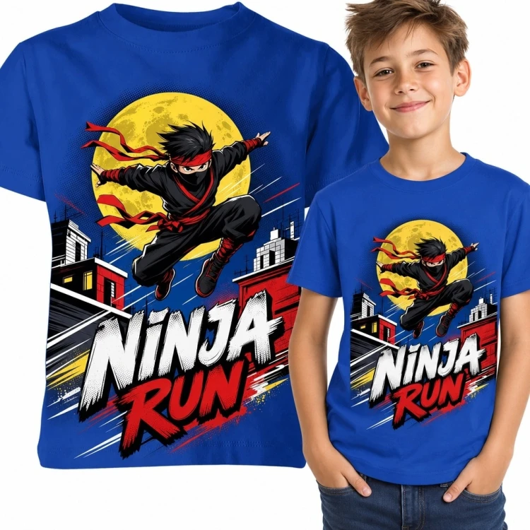 Koszulka chłopięca ze skaczącym ninja i napisem „Ninja Run” - miejska akcja